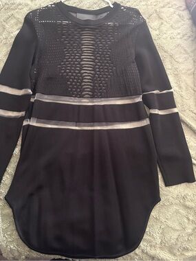 Black Long Sleeve Mesh-Panel Dress with Silver Accent